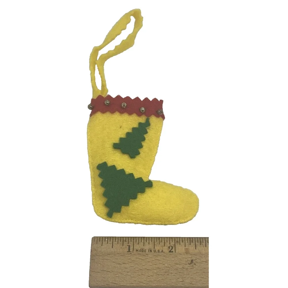 Vintage Christmas Stocking 3 1/2” Felt Yellow Red Green Beads Tree Holiday Gift